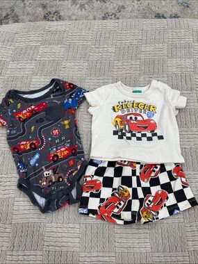 Disney Kids' Lightning McQueen Racecar Short Set & Pixar Little Sleepies Onesie
